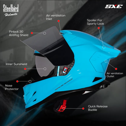 Steelbird SBH-61 SXE TPE Edition ISI and Dot Certified Full Face Helmet for Men with Inner Silver Sunshield . Clear With Smoke Visor.