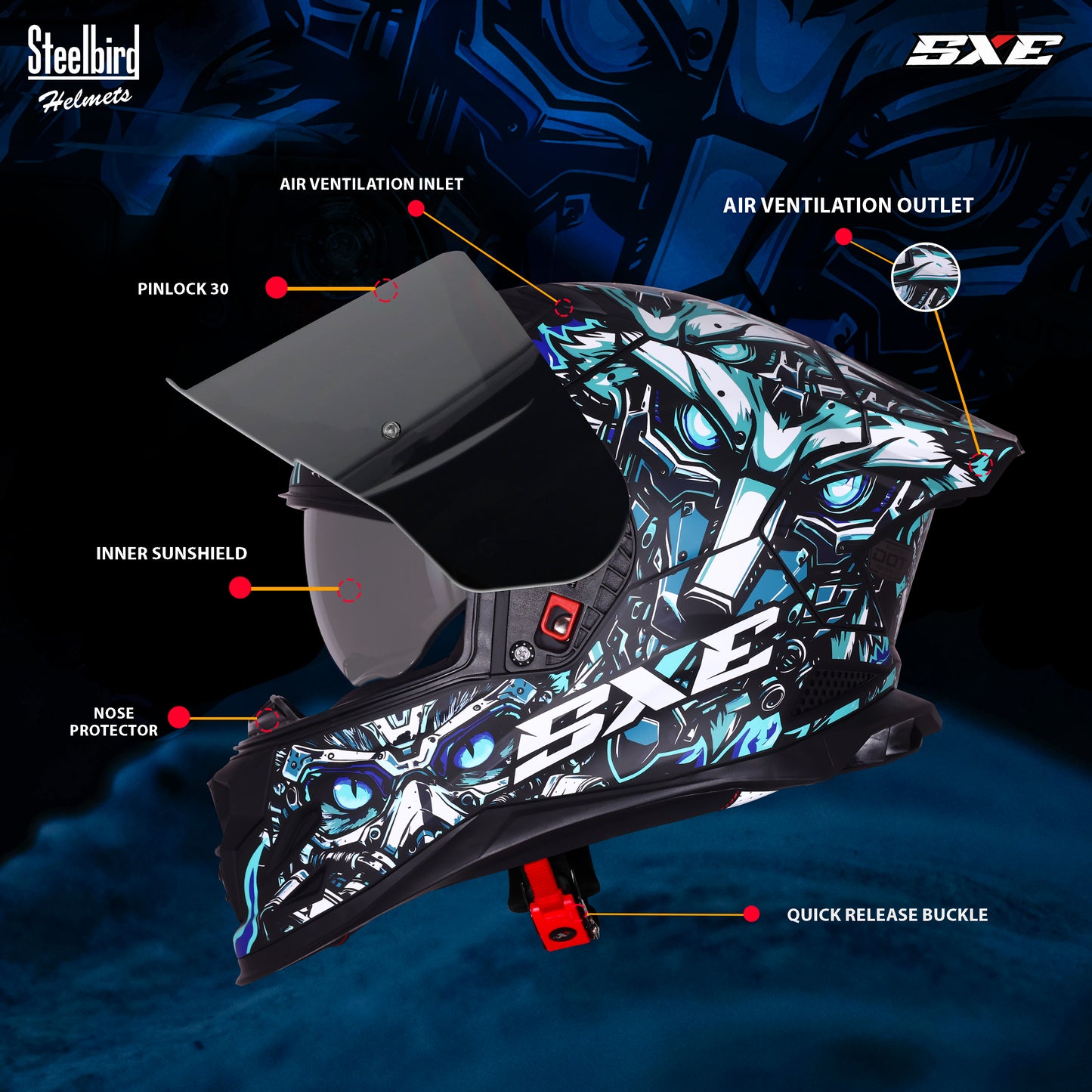 Steelbird SBH-61 SXE X1 Pinlock ISI and Dot Certified Full Face Helmet for Men with Inner Silver Sunshield .Anti Fog Visor.