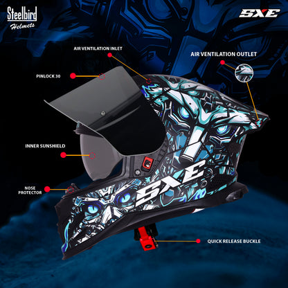 Steelbird SBH-61 SXE X1 Pinlock ISI and Dot Certified Full Face Helmet for Men with Inner Silver Sunshield .Anti Fog Visor.
