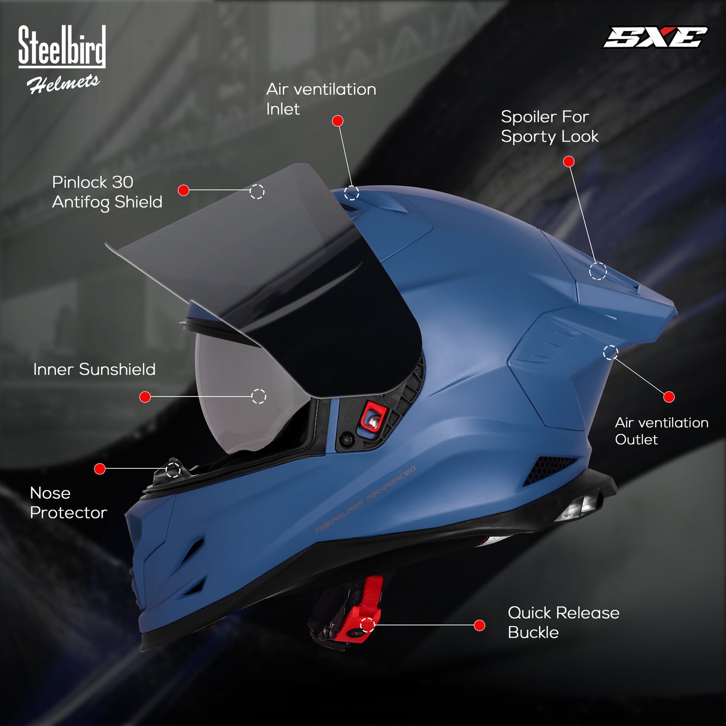 Steelbird SBH-61 SXE TPE Edition ISI and Dot Certified Full Face Helmet for Men with Inner Silver Sunshield . Clear With Smoke Visor.