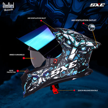 Steelbird SBH-61 SXE X1 ISI and Dot Certified Full Face Helmet for Men with Inner Silver Sunshield .Clear Visor With Extra Chrome.