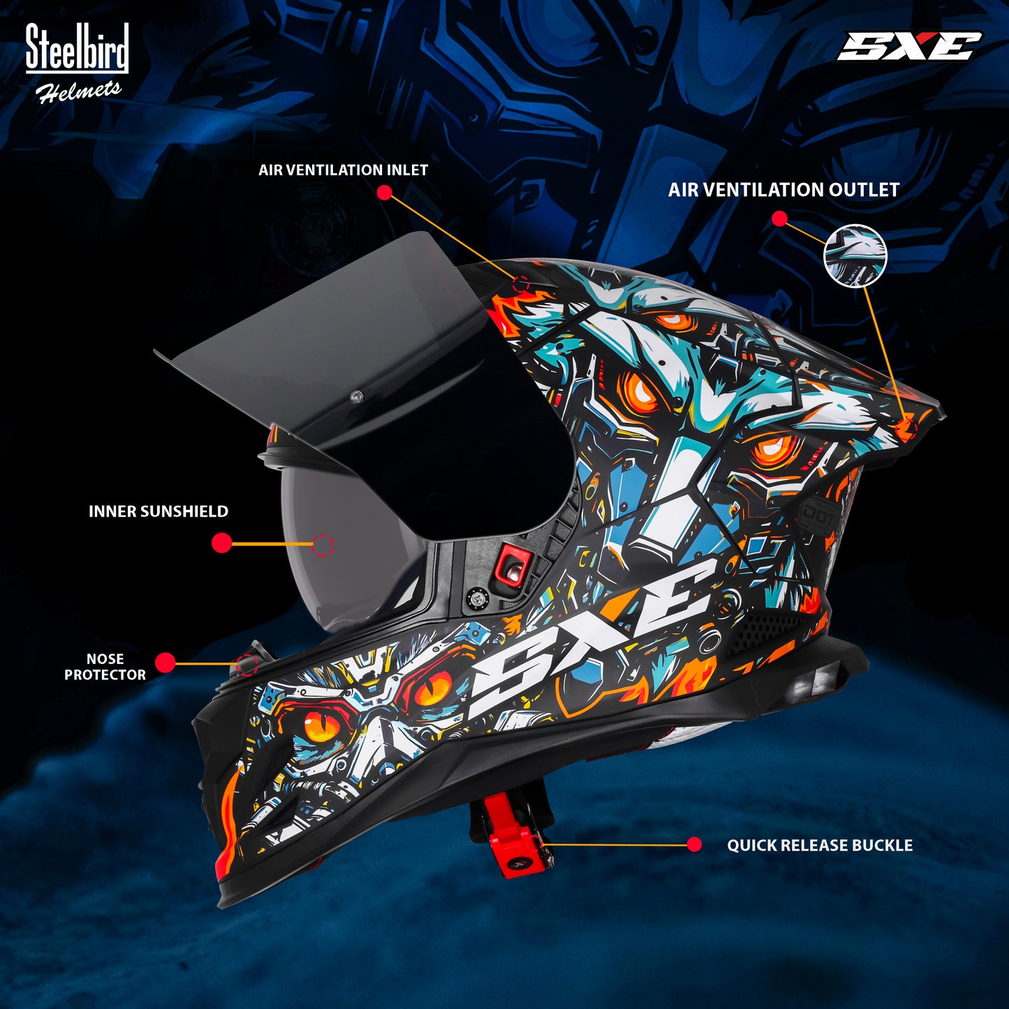 Steelbird SBH-61 SXE X1  Pinlock ISI and Dot Certified Full Face Helmet for Men with Inner Silver Sunshield .Anti Fog Visor.