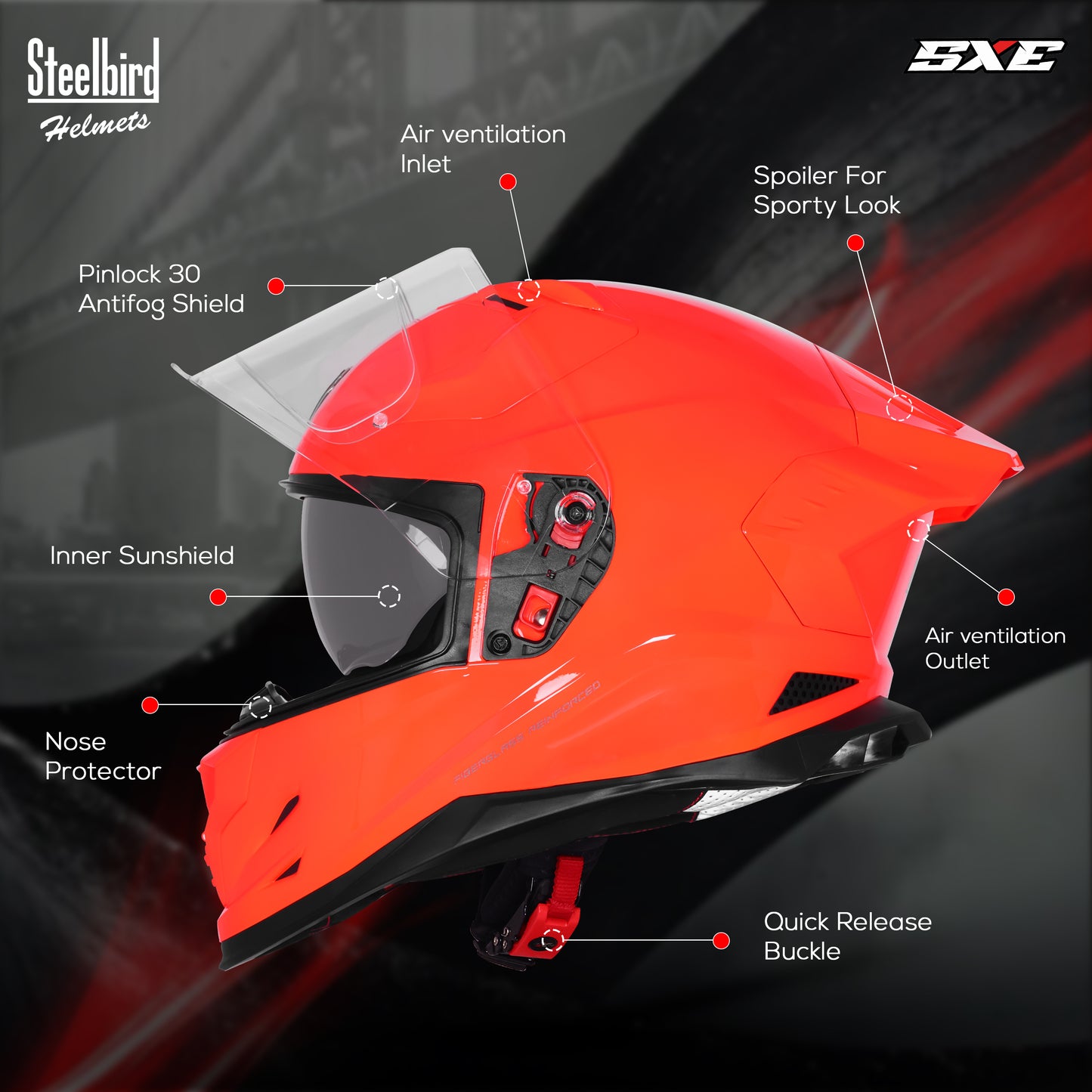 Steelbird SBH-61 SXE  Pinlock ISI and Dot Certified Full Face Helmet for Men with Inner Silver Sunshield . Clear With Anti Fog Shield.