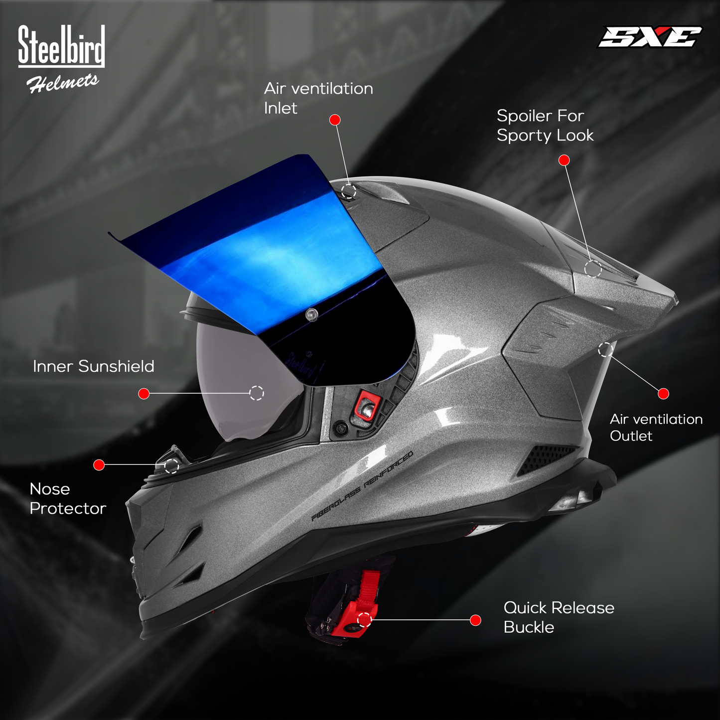 Steelbird SBH-61 SXE ISI and Dot Certified Full Face Helmet for Men with Inner Silver Sunshield . Clear With Chrome Visor.