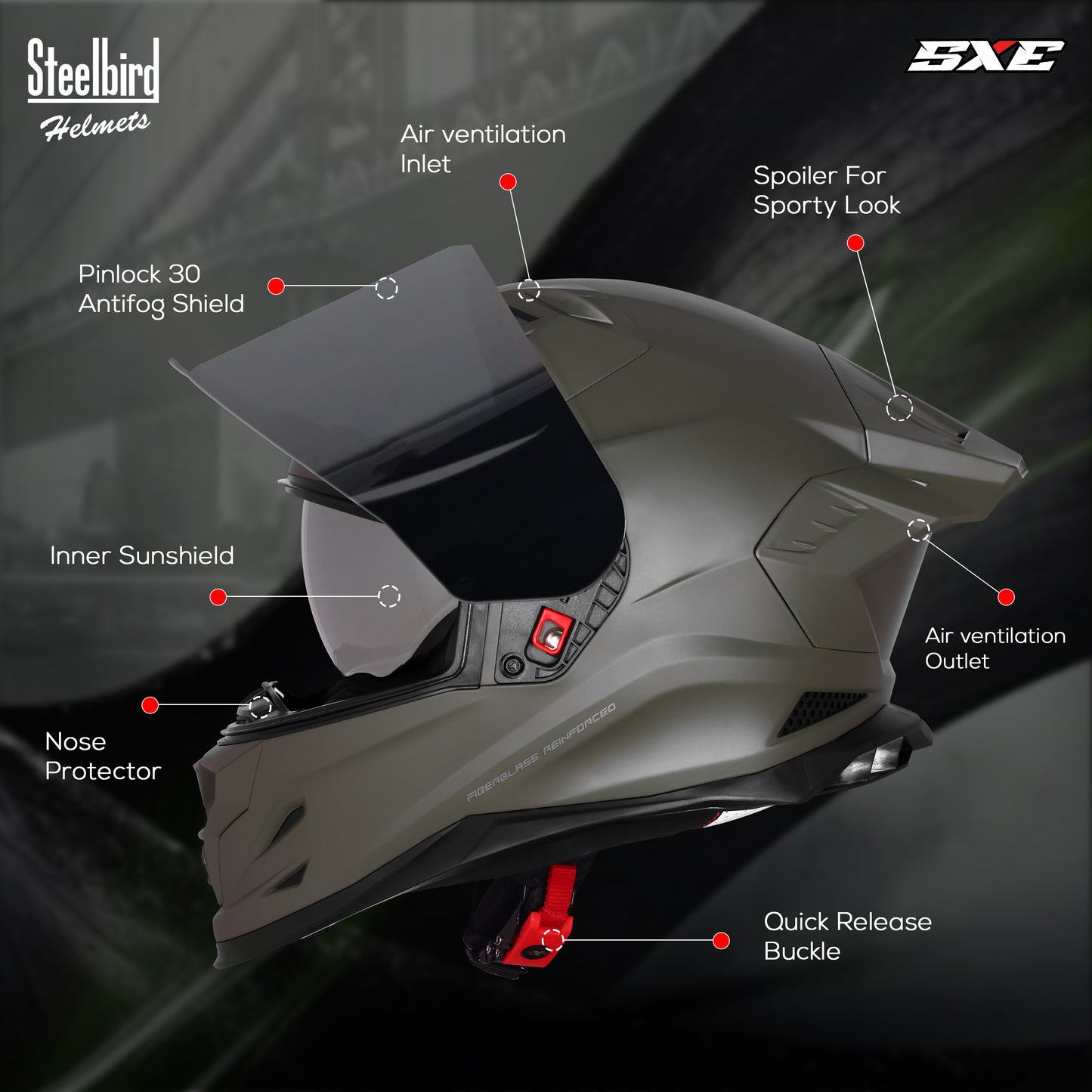 Steelbird SBH-61 SXE  Pinlock ISI and Dot Certified Full Face Helmet for Men with Inner Silver Sunshield . Clear With Smoke Visor.