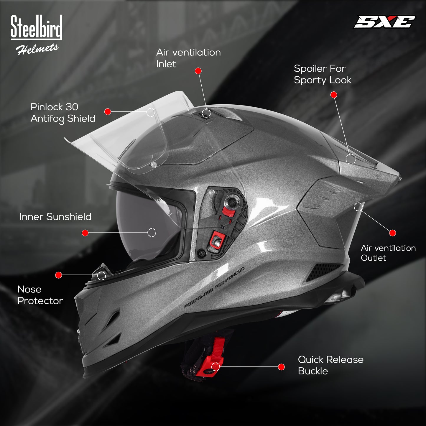 Steelbird SBH-61 SXE  Pinlock ISI and Dot Certified Full Face Helmet for Men with Inner Silver Sunshield . Clear With Anti Fog Shield.