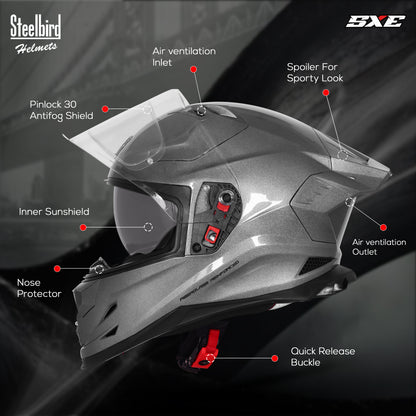Steelbird SBH-61 SXE  Pinlock ISI and Dot Certified Full Face Helmet for Men with Inner Silver Sunshield . Clear With Anti Fog Shield.