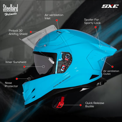 Steelbird SBH-61 SXE  Pinlock ISI and Dot Certified Full Face Helmet for Men with Inner Silver Sunshield . Clear With Anti Fog Shield.
