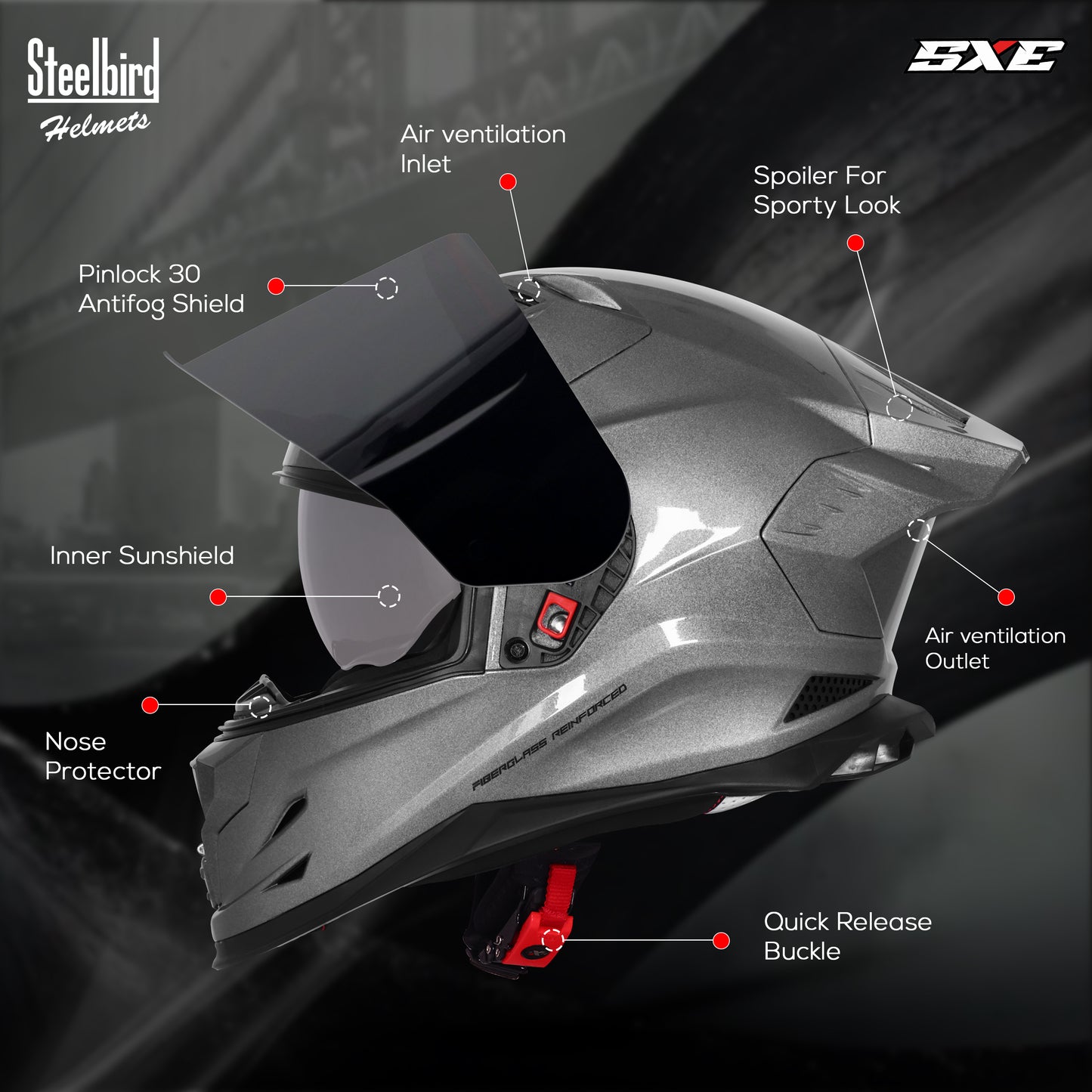Steelbird SBH-61 SXE TPE Edition ISI and Dot Certified Full Face Helmet for Men with Inner Silver Sunshield . Clear With Smoke Visor.