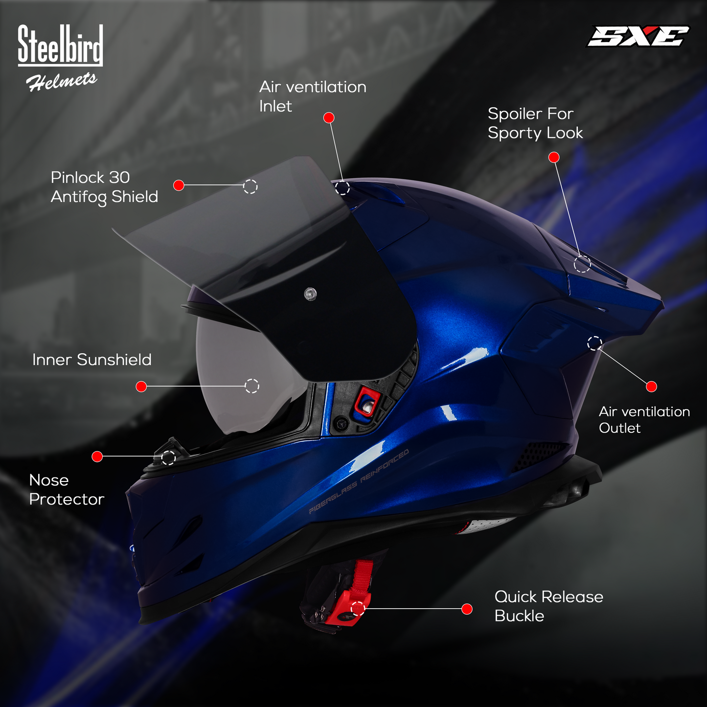 Steelbird SBH-61 SXE  Pinlock ISI and Dot Certified Full Face Helmet for Men with Inner Silver Sunshield . Clear With Smoke Visor.