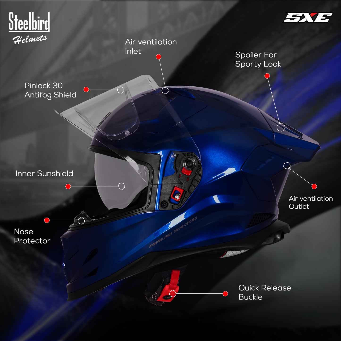 Steelbird SBH-61 SXE  Pinlock ISI and Dot Certified Full Face Helmet for Men with Inner Silver Sunshield . Clear With Anti Fog Shield.