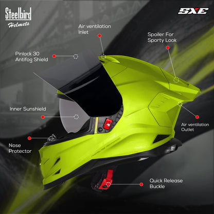 Steelbird SBH-61 SXE ISI and Dot Certified Full Face Helmet for Men with Inner Silver Sunshield . Clear With Smoke Visor.