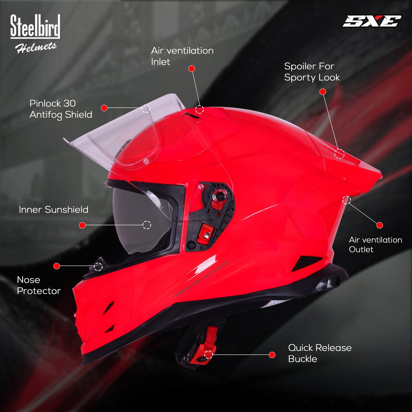 Steelbird SBH-61 SXE  Pinlock ISI and Dot Certified Full Face Helmet for Men with Inner Silver Sunshield . Clear With Anti Fog Shield.