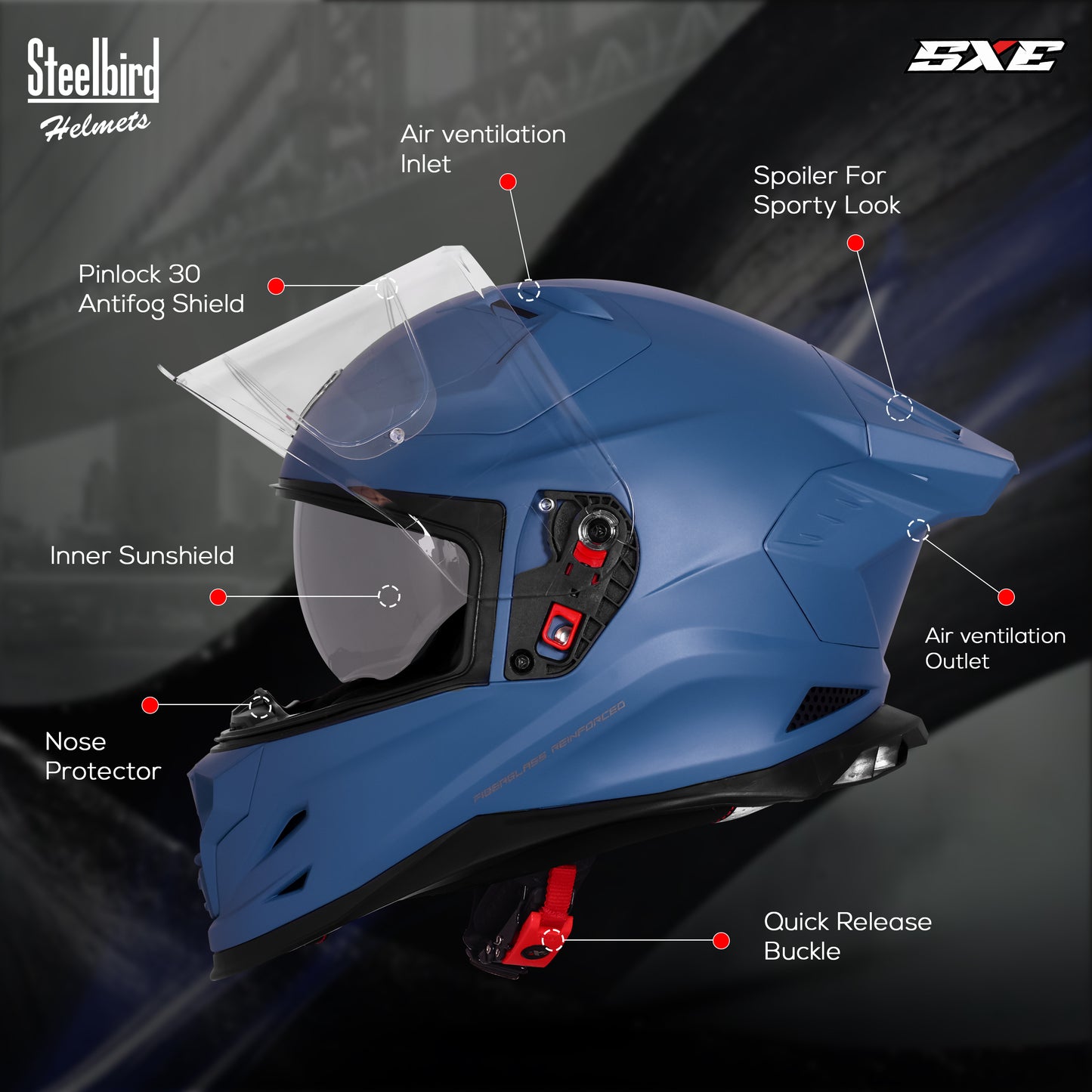 Steelbird SBH-61 SXE  Pinlock ISI and Dot Certified Full Face Helmet for Men with Inner Silver Sunshield . Clear With Anti Fog Shield.