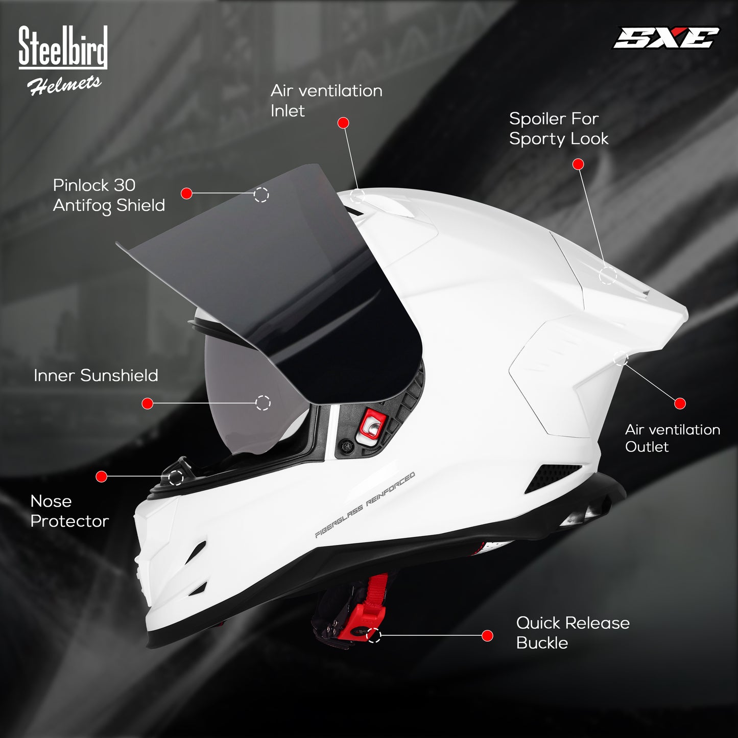 Steelbird SBH-61 SXE  ISI and Dot Certified Full Face Helmet for Men with Inner Silver Sunshield . Clear With Smoke Visor.