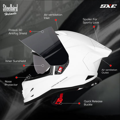 Steelbird SBH-61 SXE  ISI and Dot Certified Full Face Helmet for Men with Inner Silver Sunshield . Clear With Smoke Visor.