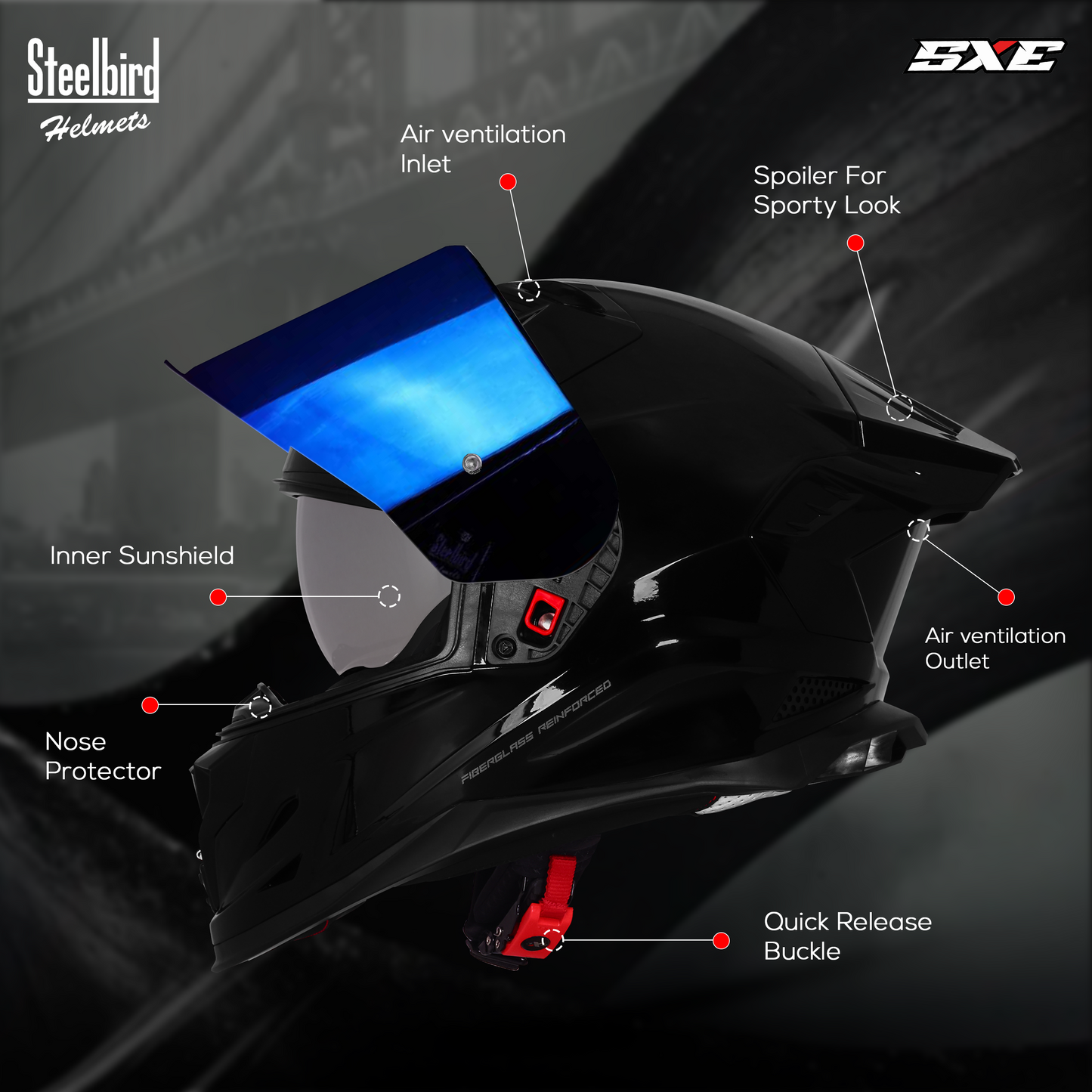 Steelbird SBH-61 SXE  TPE Edition ISI and Dot Certified Full Face Helmet for Men with Inner Silver Sunshield . Clear With Chrome Visor.