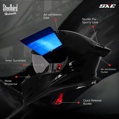 Steelbird SBH-61 SXE  TPE Edition ISI and Dot Certified Full Face Helmet for Men with Inner Silver Sunshield . Clear With Chrome Visor.