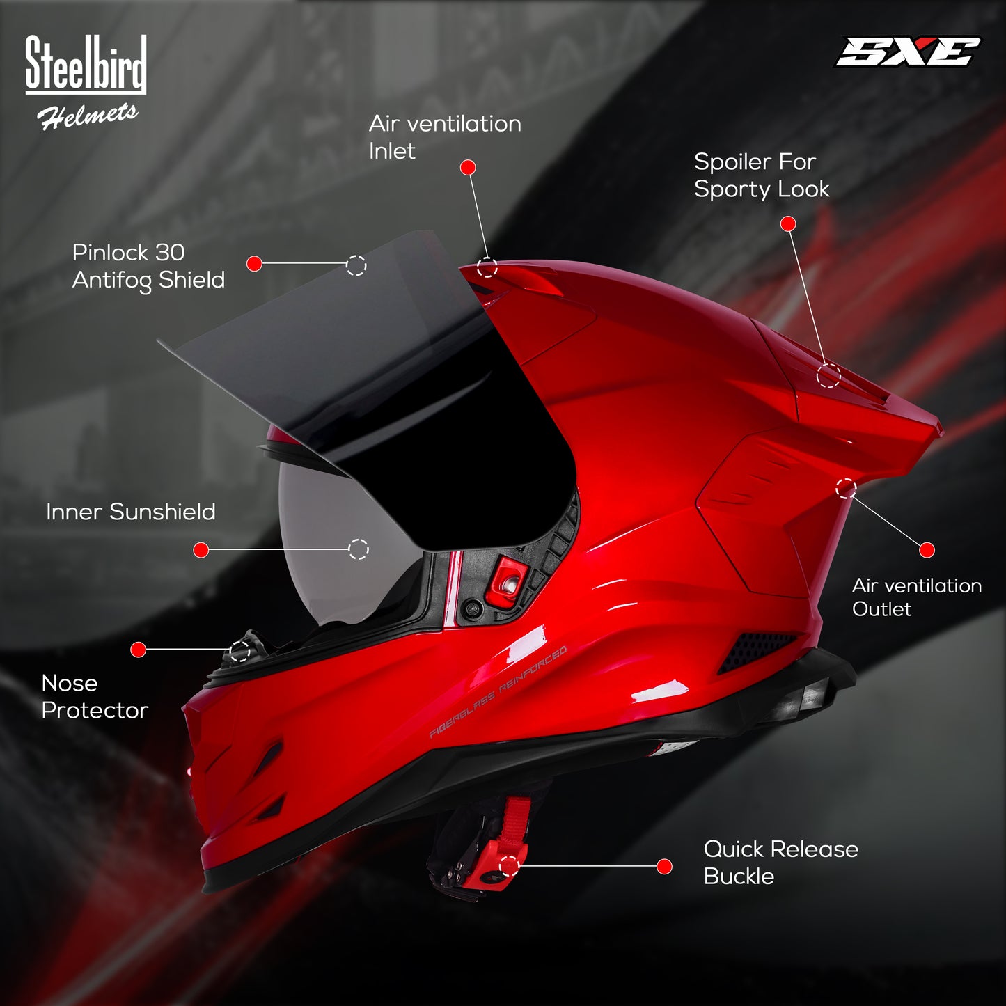 Steelbird SBH-61 SXE TPE Edition ISI and Dot Certified Full Face Helmet for Men with Inner Silver Sunshield . Clear With Smoke  Visor.