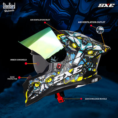 Steelbird SBH-61 SXE X1 ISI and Dot Certified Full Face Helmet for Men with Inner Silver Sunshield .Clear Visor With Extra Chrome.