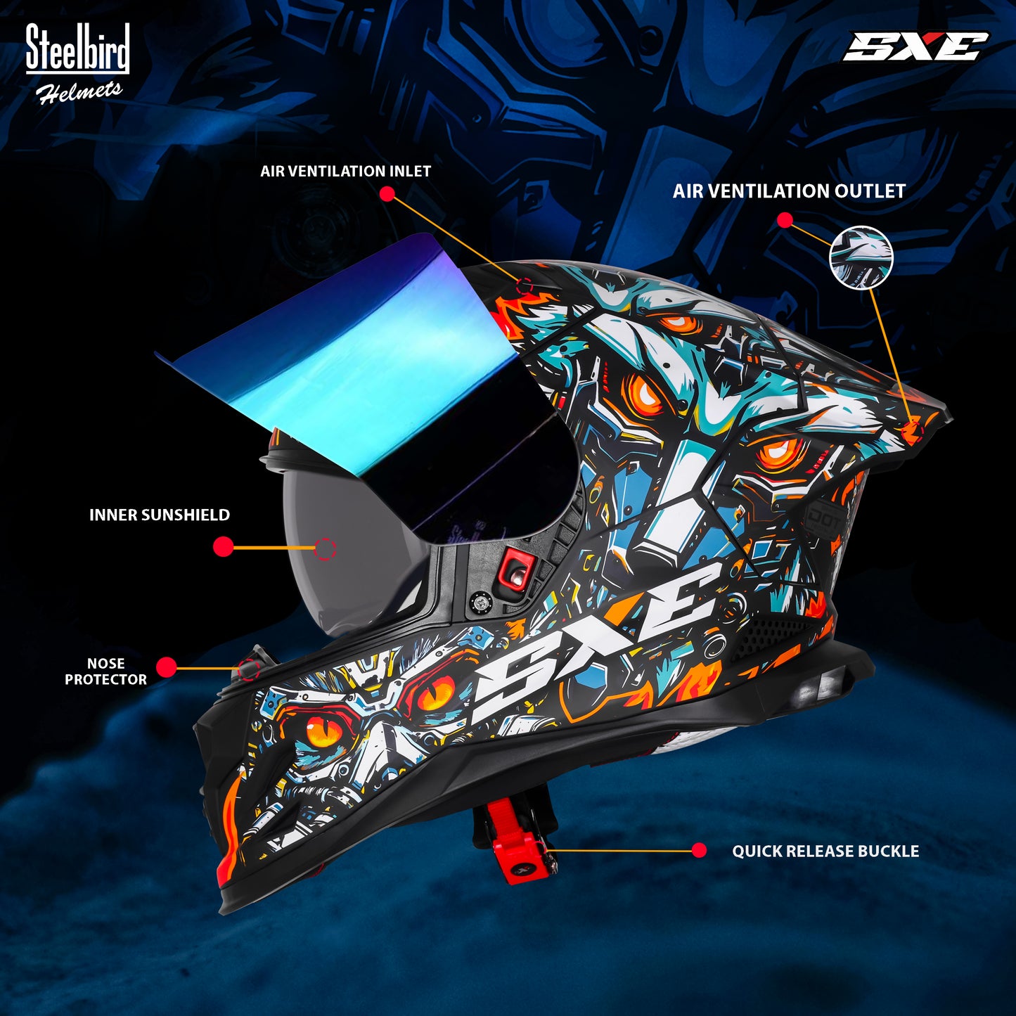 Steelbird SBH-61 SXE X1 ISI and Dot Certified Full Face Helmet for Men with Inner Silver Sunshield .Clear Visor With Extra Chrome.