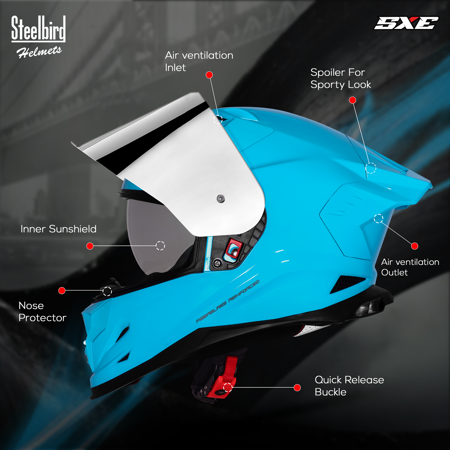Steelbird SBH-61 SXE TPE Edition ISI and Dot Certified Full Face Helmet for Men with Inner Silver Sunshield . Clear With Chrome Visor.