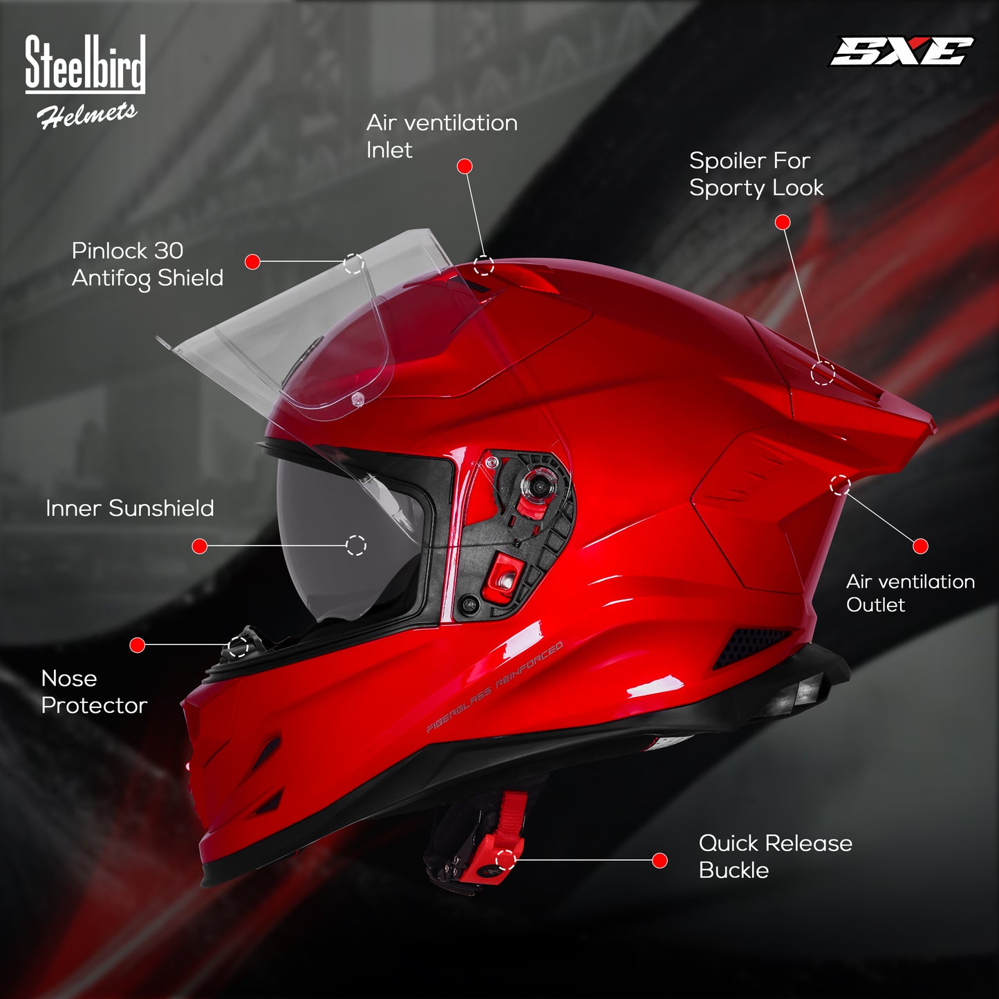 Steelbird SBH-61 SXE  Pinlock ISI and Dot Certified Full Face Helmet for Men with Inner Silver Sunshield . Clear With Anti Fog Shield.