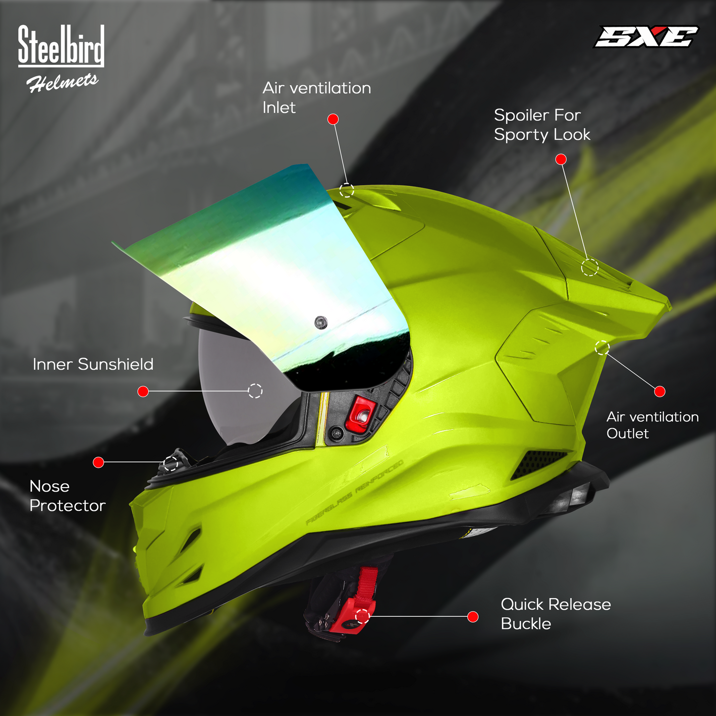 Steelbird SBH-61 SXE  Pinlock ISI and Dot Certified Full Face Helmet for Men with Inner Silver Sunshield . Clear With Chrome Visor.