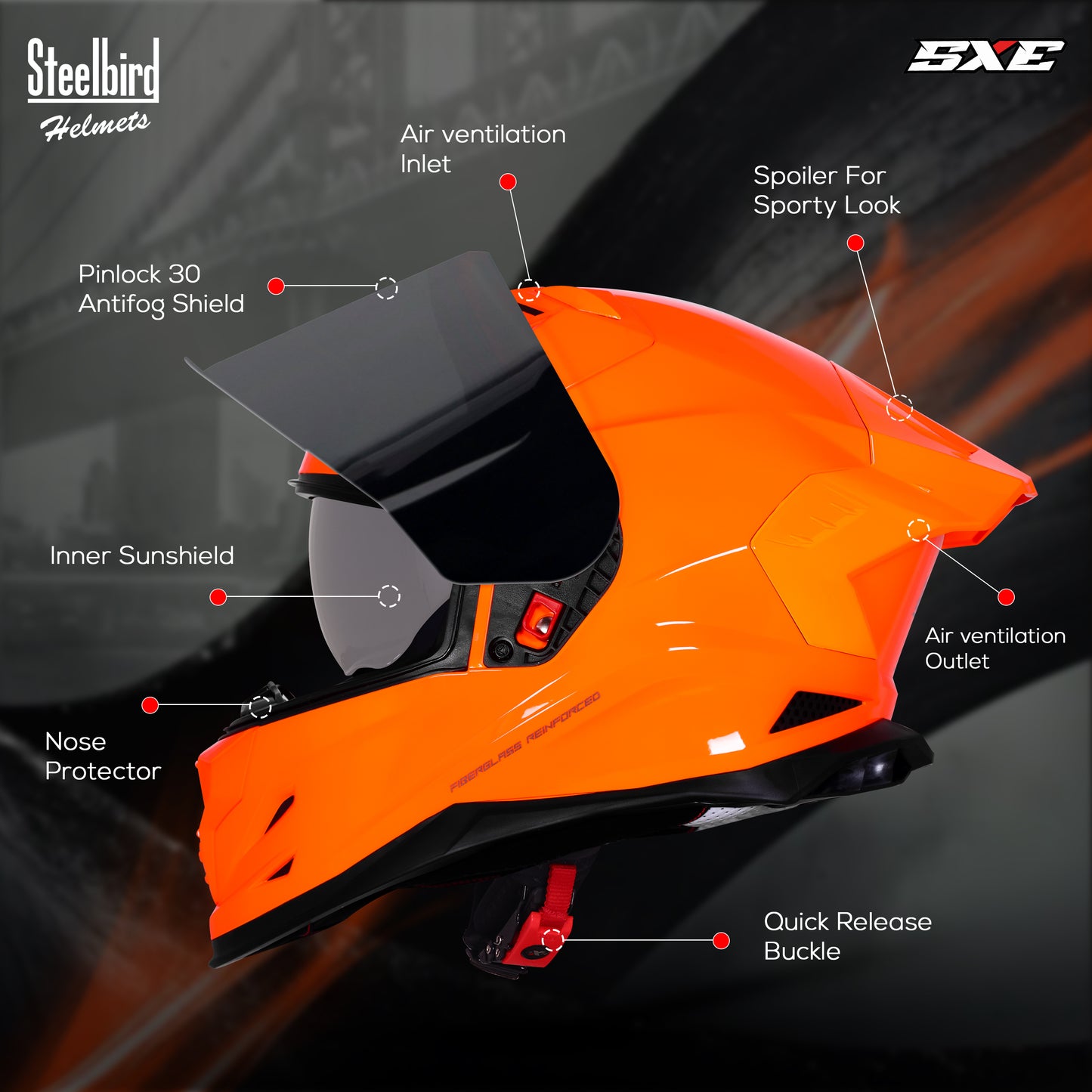 Steelbird SBH-61 SXE ISI and Dot Certified Full Face Helmet for Men with Inner Silver Sunshield . Clear With Smoke Visor.
