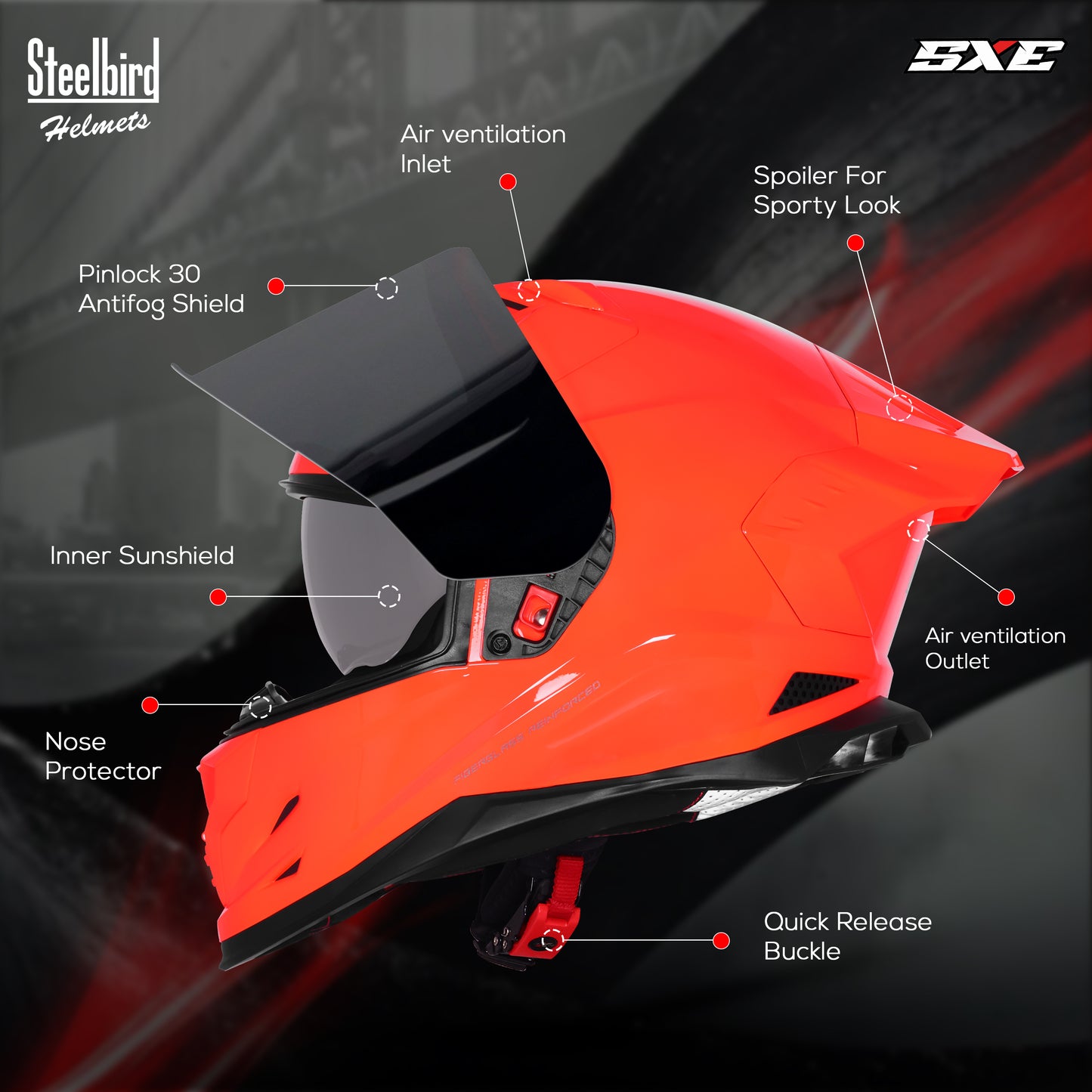 Steelbird SBH-61 SXE ISI and Dot Certified Full Face Helmet for Men with Inner Silver Sunshield . Clear With Smoke Visor.