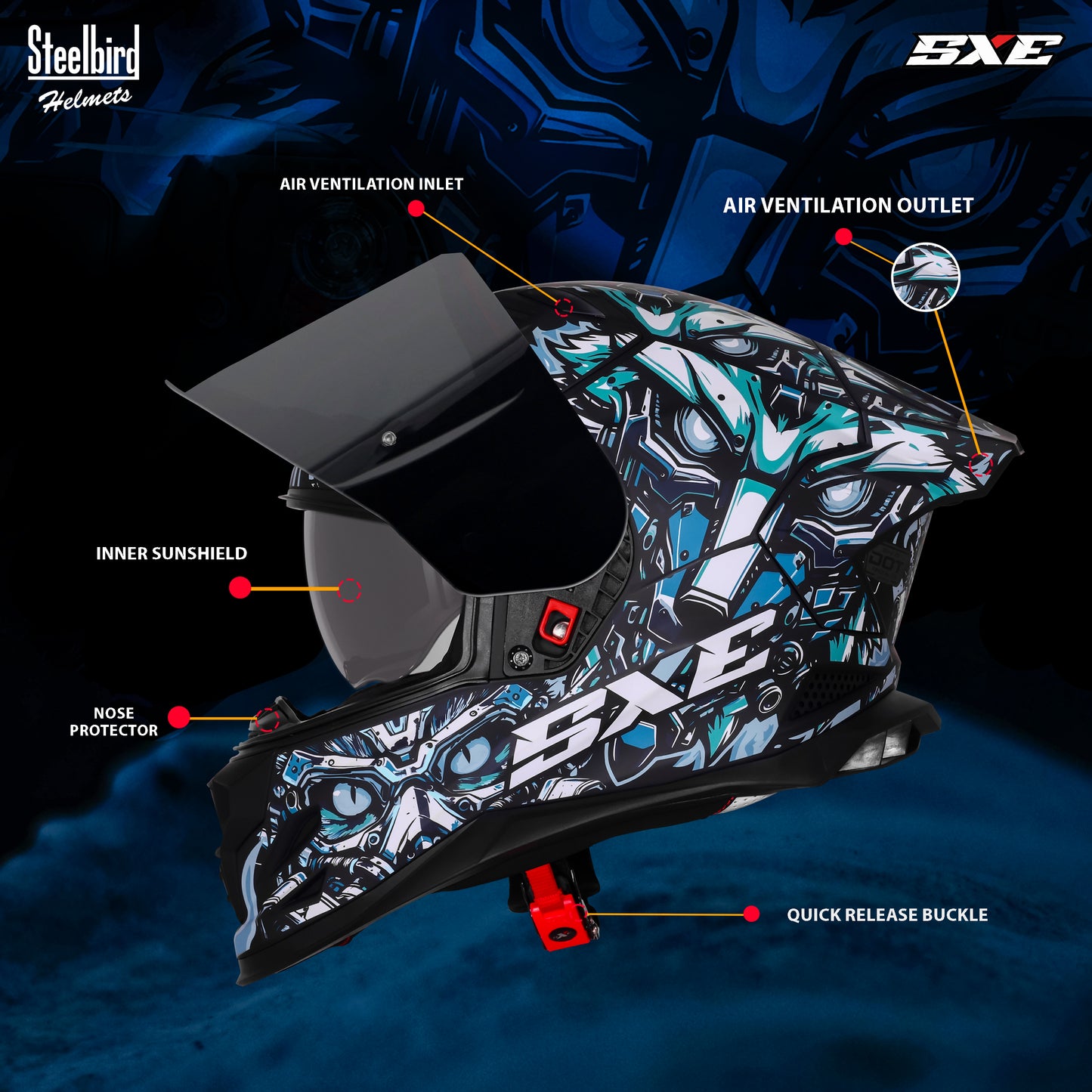 Steelbird SBH-61 SXE Pinlock X1 ISI and Dot Certified Full Face Helmet for Men with Inner Silver Sunshield . Anti Fog Visor.