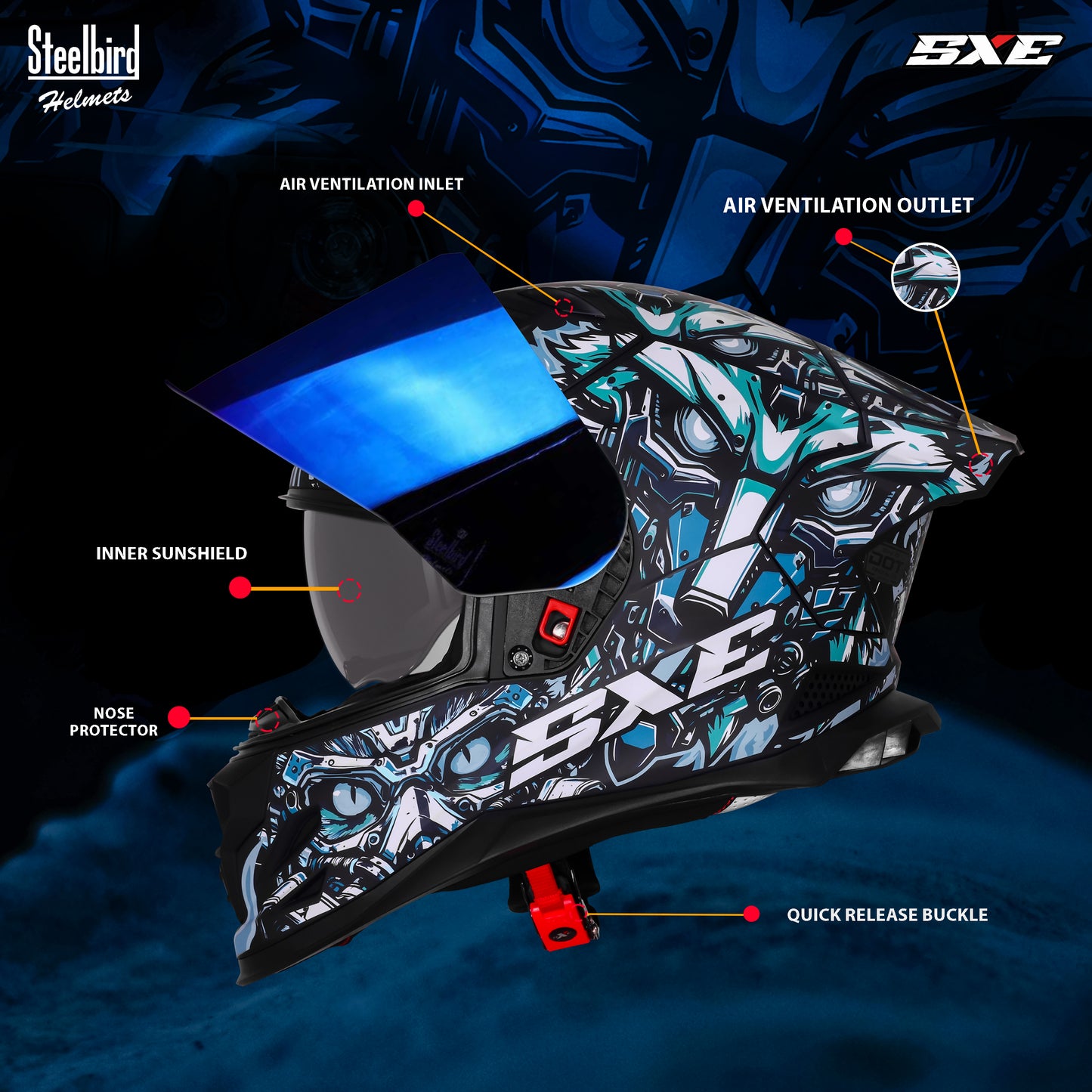 Steelbird SBH-61 SXE X1 ISI and Dot Certified Full Face Helmet for Men with Inner Silver Sunshield .