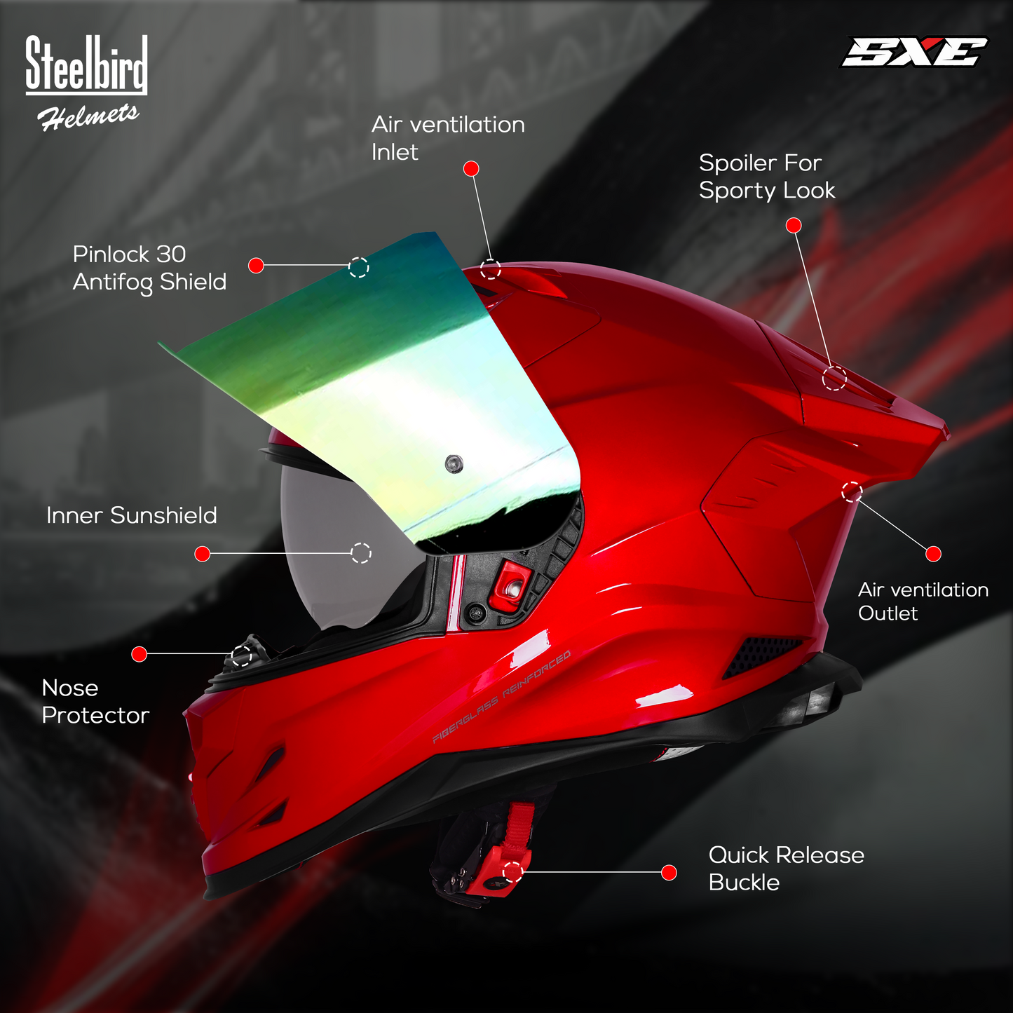 Steelbird SBH-61 SXE TPE Edition ISI and Dot Certified Full Face Helmet for Men with Inner Silver Sunshield . Clear With Chrome Visor.