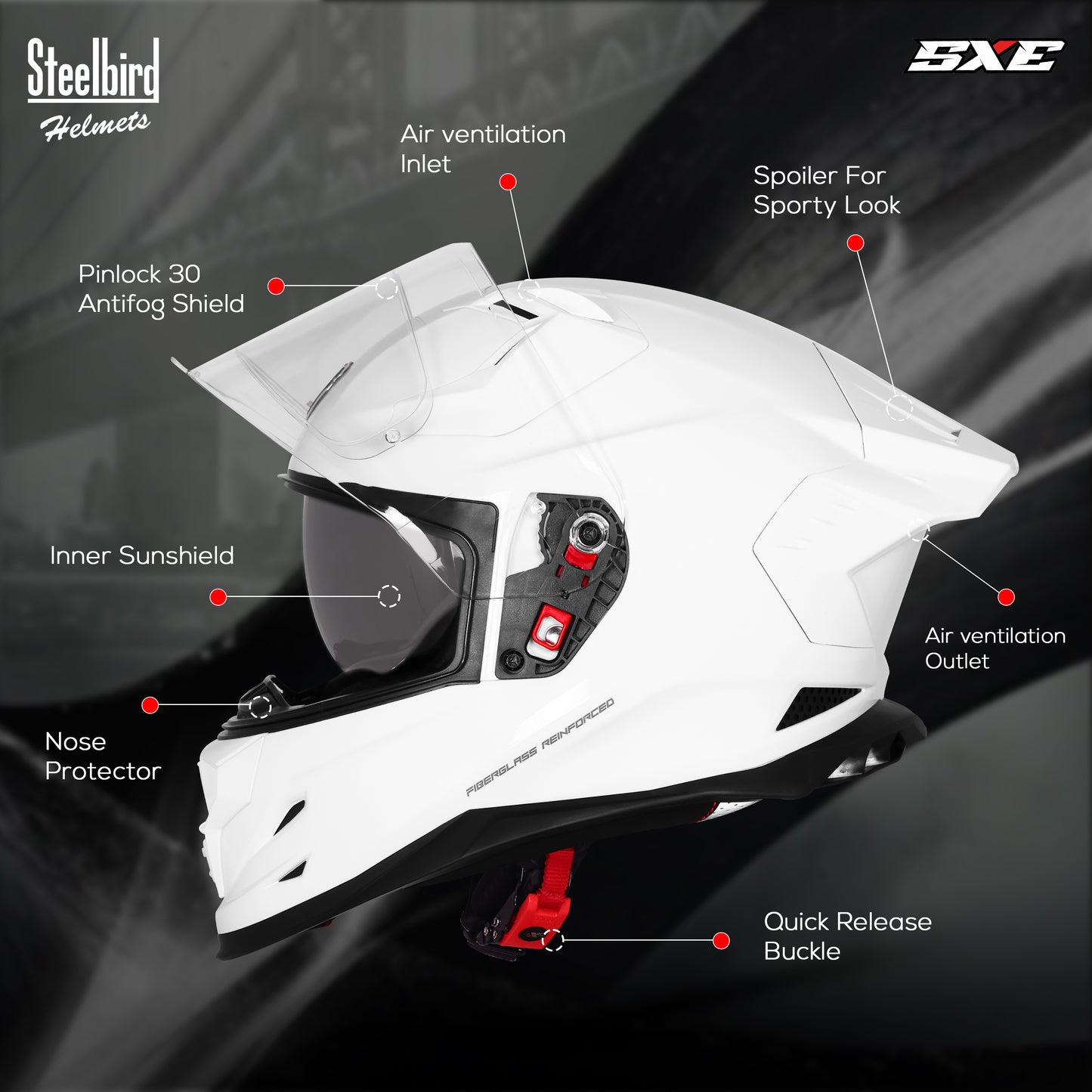 Steelbird SBH-61 SXE  Pinlock ISI and Dot Certified Full Face Helmet for Men with Inner Silver Sunshield . Clear With Anti Fog Shield.