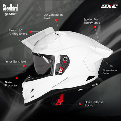 Steelbird SBH-61 SXE  Pinlock ISI and Dot Certified Full Face Helmet for Men with Inner Silver Sunshield . Clear With Anti Fog Shield.