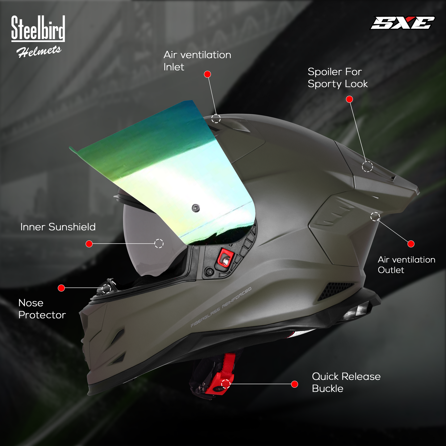 Steelbird SBH-61 SXE TPE Edition ISI and Dot Certified Full Face Helmet for Men with Inner Silver Sunshield . Clear With Chrome Visor.
