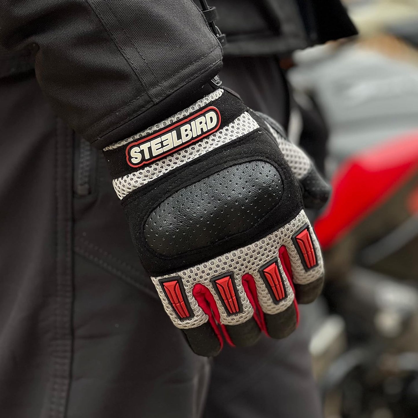 Steelbird Polyester Adventure A-1 Full Finger Riding Gloves With Touch Screen Sensitivity At Thumb & Index Finger, Protective Off-Road Motorbike Racing.