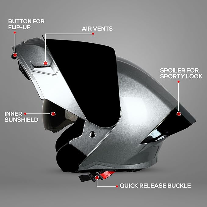 Steelbird SBA-20 7Wings ISI Certified Flip-Up Helmet with Black Spoiler for Men and Women with Inner Smoke Sun Shield (Glossy Silver with Smoke Visor).