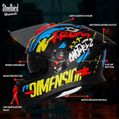 Steelbird SBH-57 Fighter F10 Graphic Helmet ISI and DOT Certified Full Face Helmet for Men with Inner Silver Sun Shield (Glossy Black Neon Red)