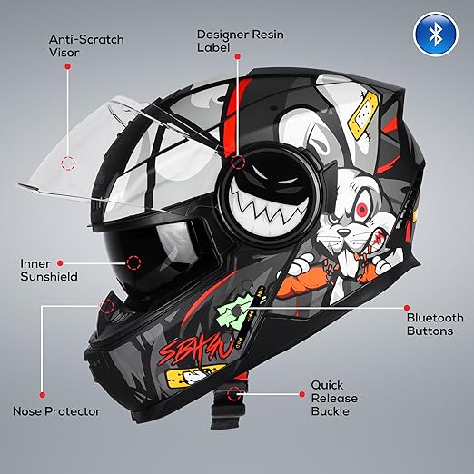 Steelbird Crazy Doe Bluetooth Full Face ISI Certified Motorcycling Helmet for Men with Inner Smoke Sun Shield | SBH-40 7Wings.