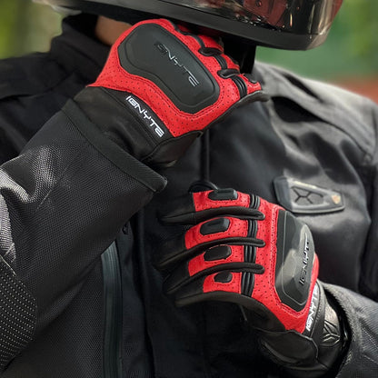 Ignyte Gauntlet Full Finger Bike Riding Leather Gloves with Touch Screen Sensitivity at Thumb and Index Finger, Protective Off-Road Motorbike Racing (Red)