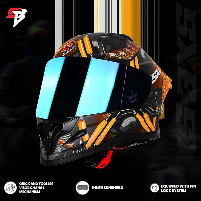 Steelbird SBH 61 SXE X2 ISI and Dot Certified Full Face Helmet for Men and with Inner Silver Sunshield (Glossy Black Orange)