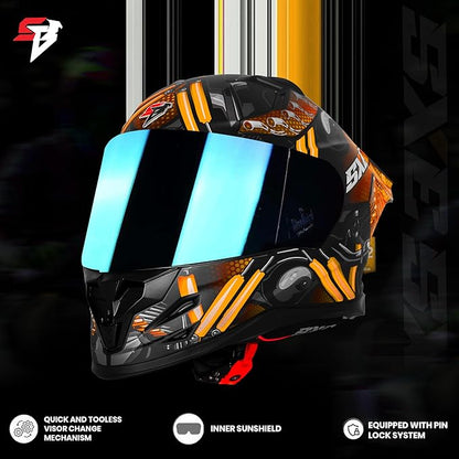 Steelbird SBH 61 SXE X2 ISI and Dot Certified Full Face Helmet for Men and with Inner Silver Sunshield (Glossy Black Orange)