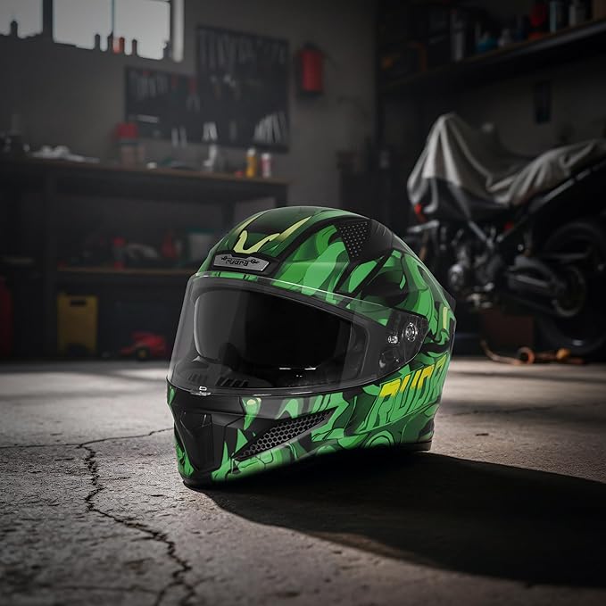 Steelbird SBH-25 Rudra Agni ISI Certified Full Face Graphic Helmet for Men with Inner Smoke Sun Shield ( Glossy Black Green)