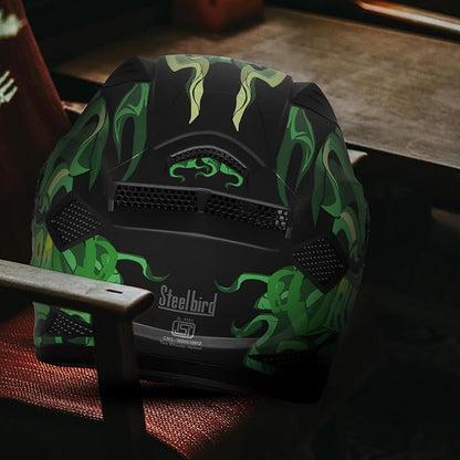 Steelbird SBH-25 Rudra Agni ISI Certified Full Face Graphic Helmet for Men with Inner Smoke Sun Shield ( Glossy Black Green)