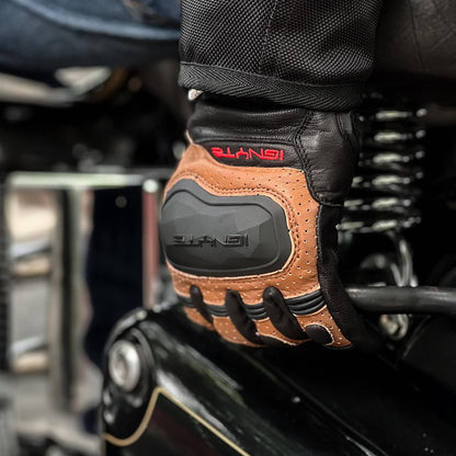 Ignyte Gauntlet Full Finger Bike Riding Leather Gloves with Touch Screen Sensitivity at Thumb and Index Finger, Protective Off-Road Motorbike Racing (Tan)