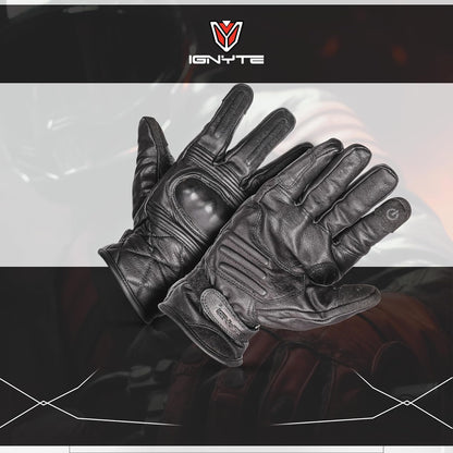 Ignyte Streak Leather Gloves Full Finger Waterproof Bike Riding Gloves with Touch Screen Sensitivity at Thumb and Index Finger, Protective Off-Road Motorbike Racing (Black)