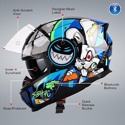 Steelbird Crazy Doe Bluetooth Full Face ISI Certified Motorcycling Helmet for Men with Inner Smoke Sun Shield | SBH-40 7Wings.