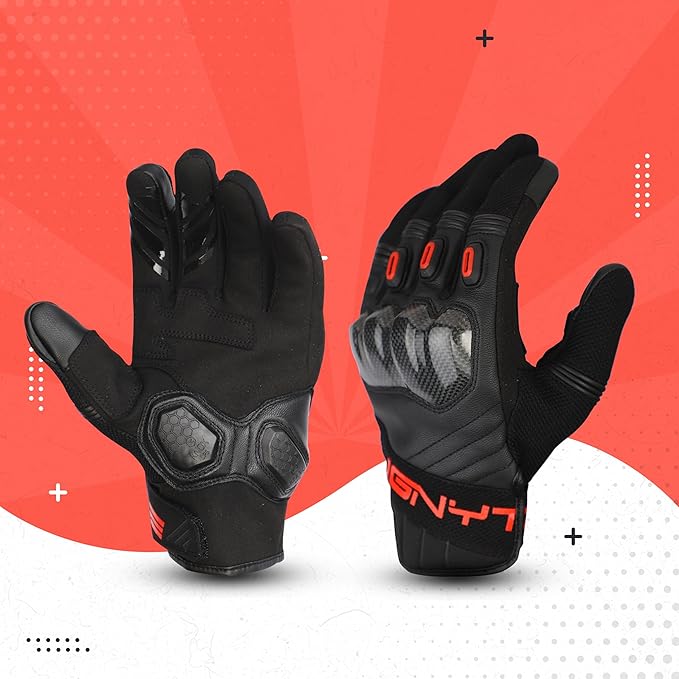 Ignyte Carbon Full Finger Bike Riding Gloves with Touch Screen Sensitivity at Thumb and Index Finger and Carbon knuckle Protector (Red)