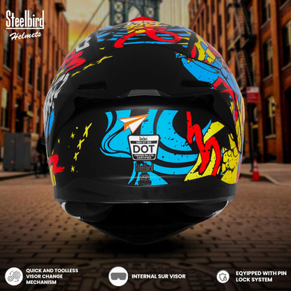 Steelbird SBH-57 Fighter F10 Graphic Helmet ISI and DOT Certified Full Face Helmet for Men with Inner Silver Sun Shield (Glossy Black Neon Red)